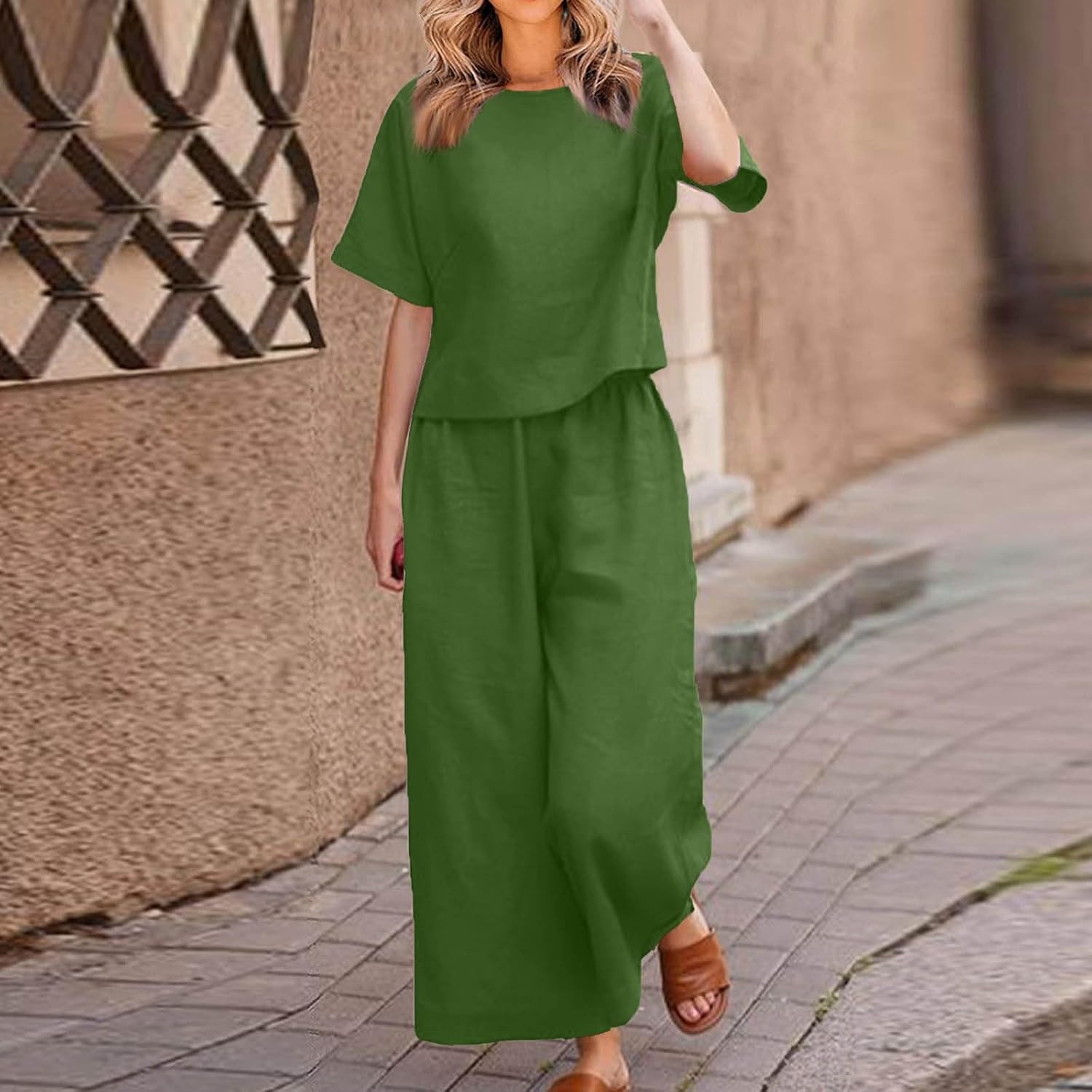 Linen Sets for Women 2 Piece Summer Plus Size Crewneck Short Sleeve Tops Matching Trendy Floral Wide Leg Pants