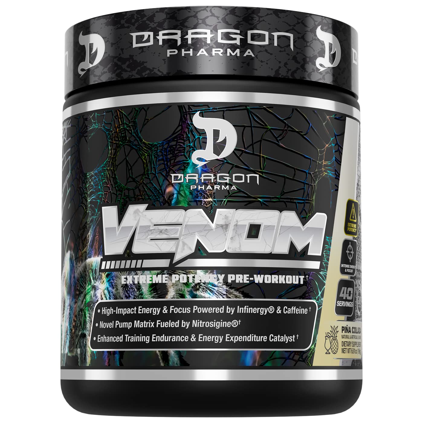 DRAGON PHARMAVenom Extreme Potency Pre-Workout, Laser Sharp Focus + Energy, Intense Performance, Proven Ingredients for Enhanced Vasodilation & Endurance (40 Servings, Piña Colada)
