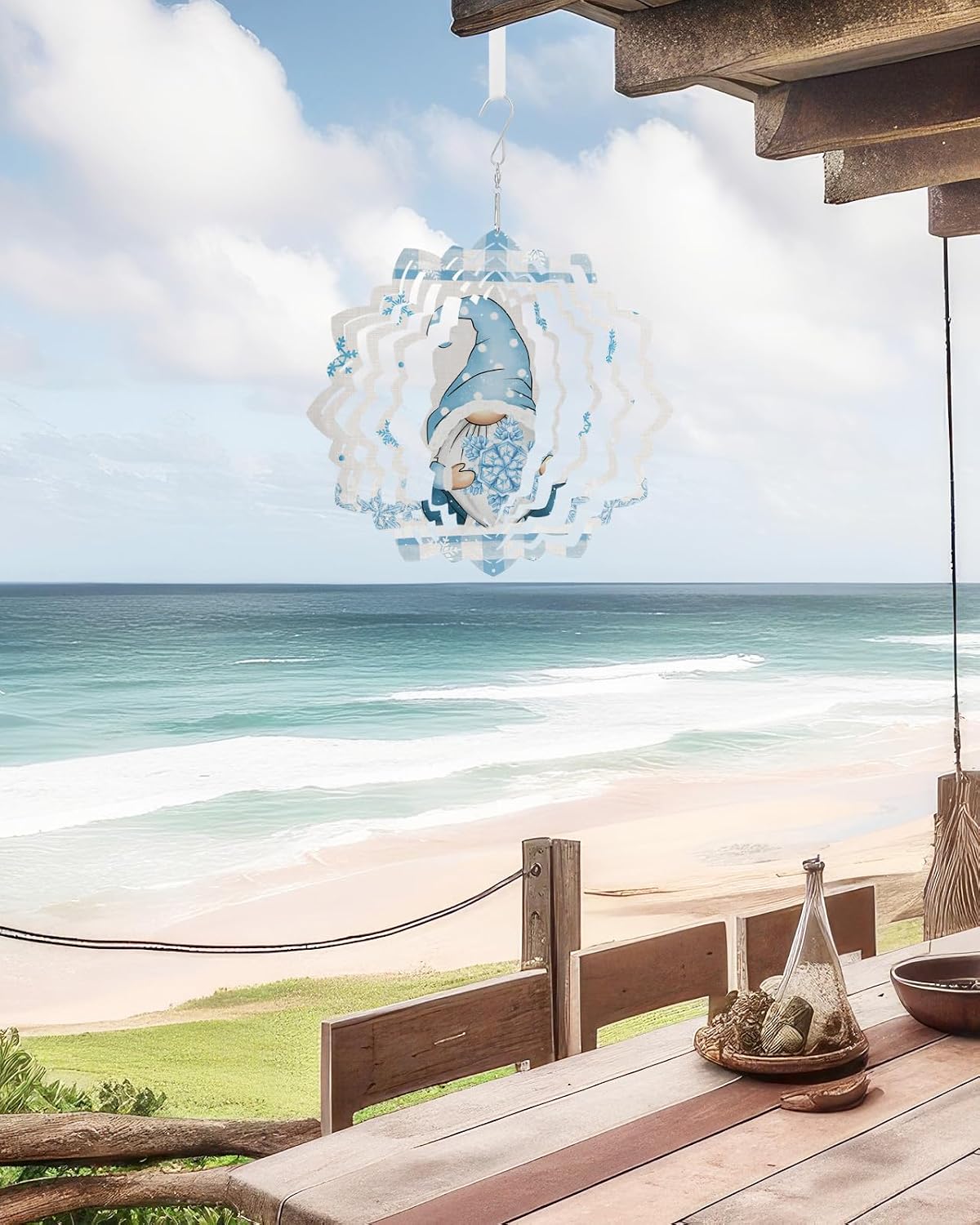 Christmas Wind Spinners for Yard and Garden Decor, Winter Gnomes Snowflake Christmas Metal Wind Spinner Hanging for Outdoor Indoor Decor, Blue Porch Garden Wind Sculptures Decorations 12inch