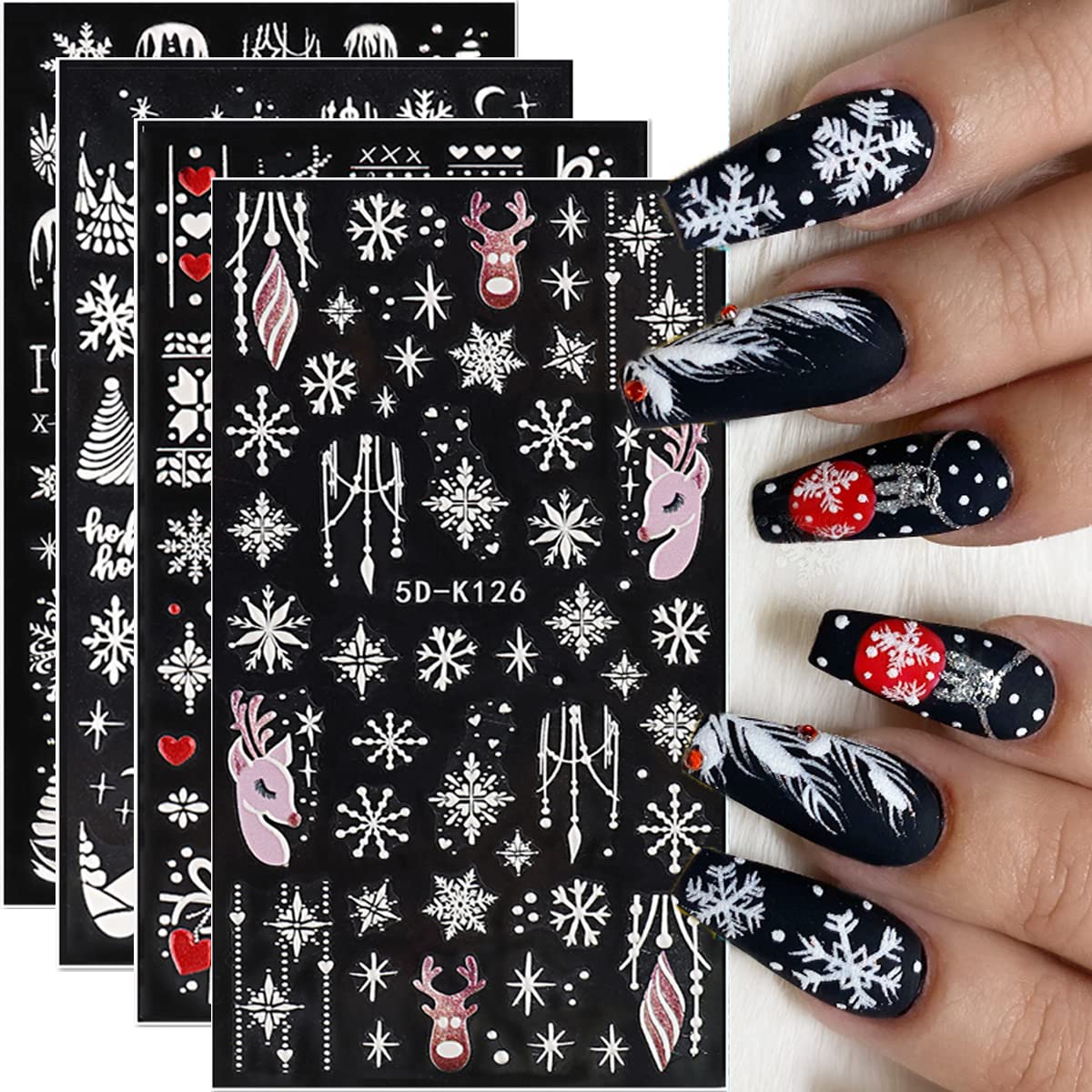 White Snowflake Nail Art Stickers, 5D Embossed Exquisite Luxurious Christmas New Year Nail Art Supplies Tree Elk Bell Xmas Winter Design for Women Girls Holiday DIY Nail Decoration 4 Sheets