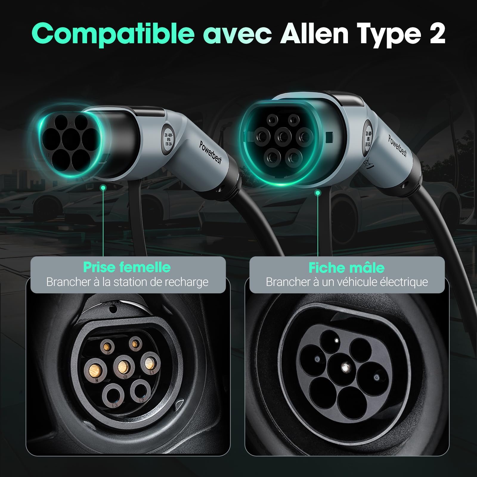 Type 2 Câble de Charge, 22KW 5M 32A Voiture Électrique Triphasé | Type 2 à Type 2 EV/PHEV Câble pour modèles S/3/X/Y, ID.3, I3