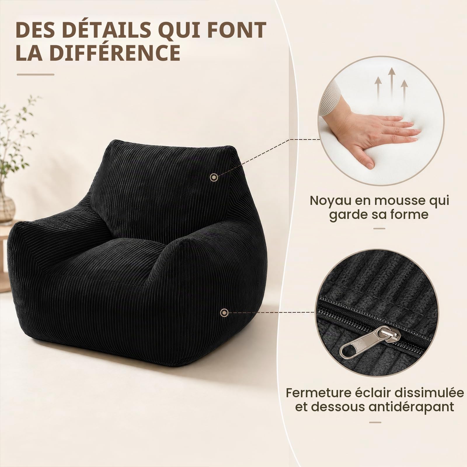 Pouf pour adultes rembourré en velours côtelé avec dossier, grand fauteuil pour jeux vidéo et chaise de sol pour salon, chambre à coucher et chambre d'adolescent, 80 x 73 x 80 cm, couleur noire