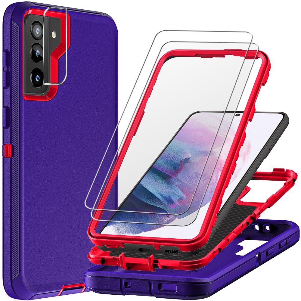 TFDSEUGH for Samsung Galaxy S21 Plus Case with 2Pcs Tempered Glass Screen Protector and 1Pcs Camera Lens Protector, Military Grade Heavy Duty