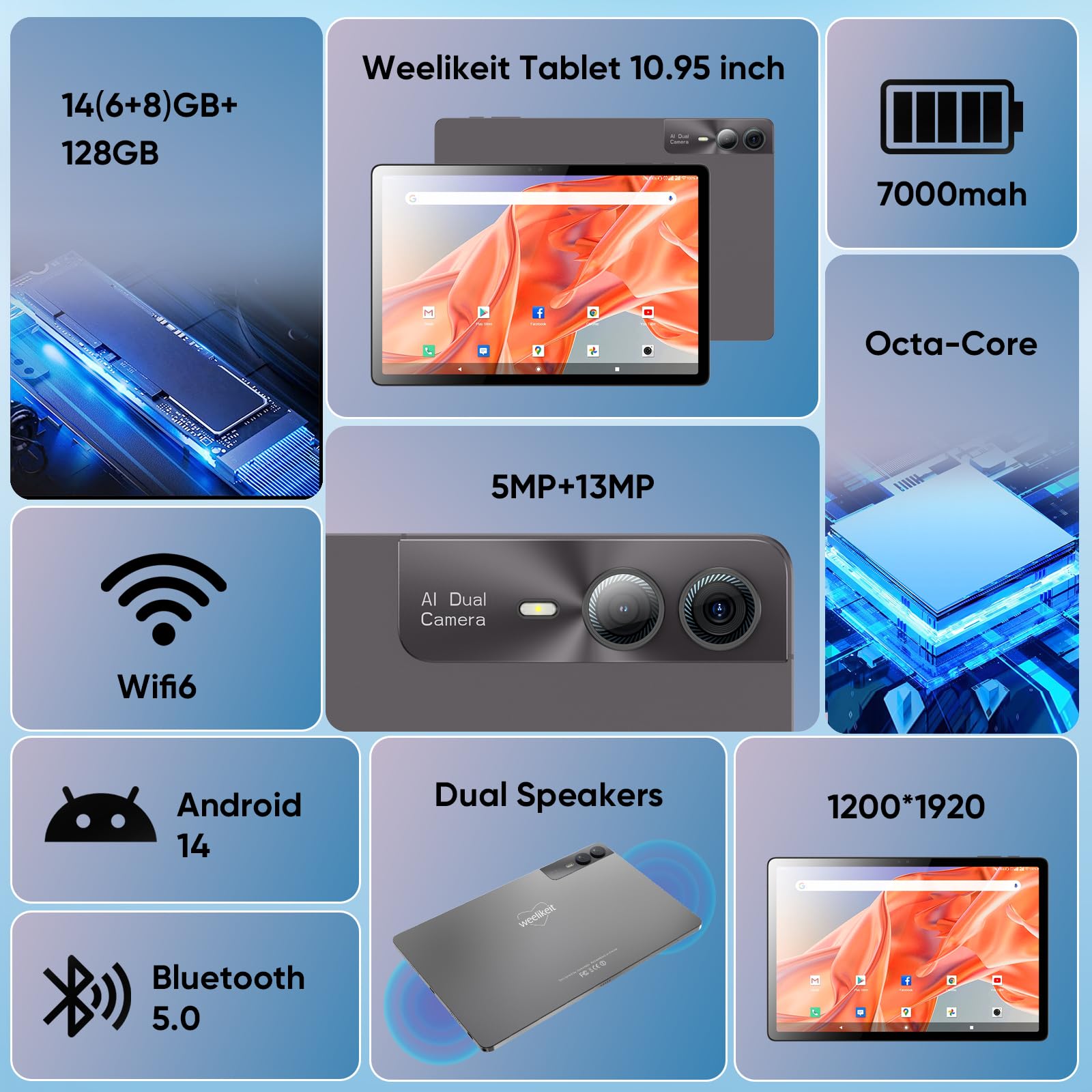 weelikeit tablet displaying a vibrant image of a dolphin jumping from water, emphasizing its 10.95-inch FHD IPS screen.