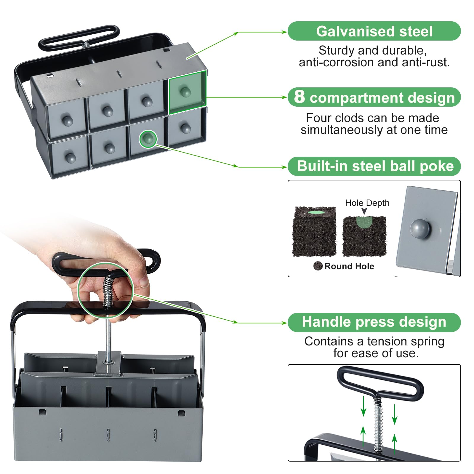 Lot de 8 presses manuelles de terreau - Bloqueur de sol de 5 cm - Avec jeux d'outils de sciage - Kit d'outils de plantation pour planter, semis, culture, serre de jardin