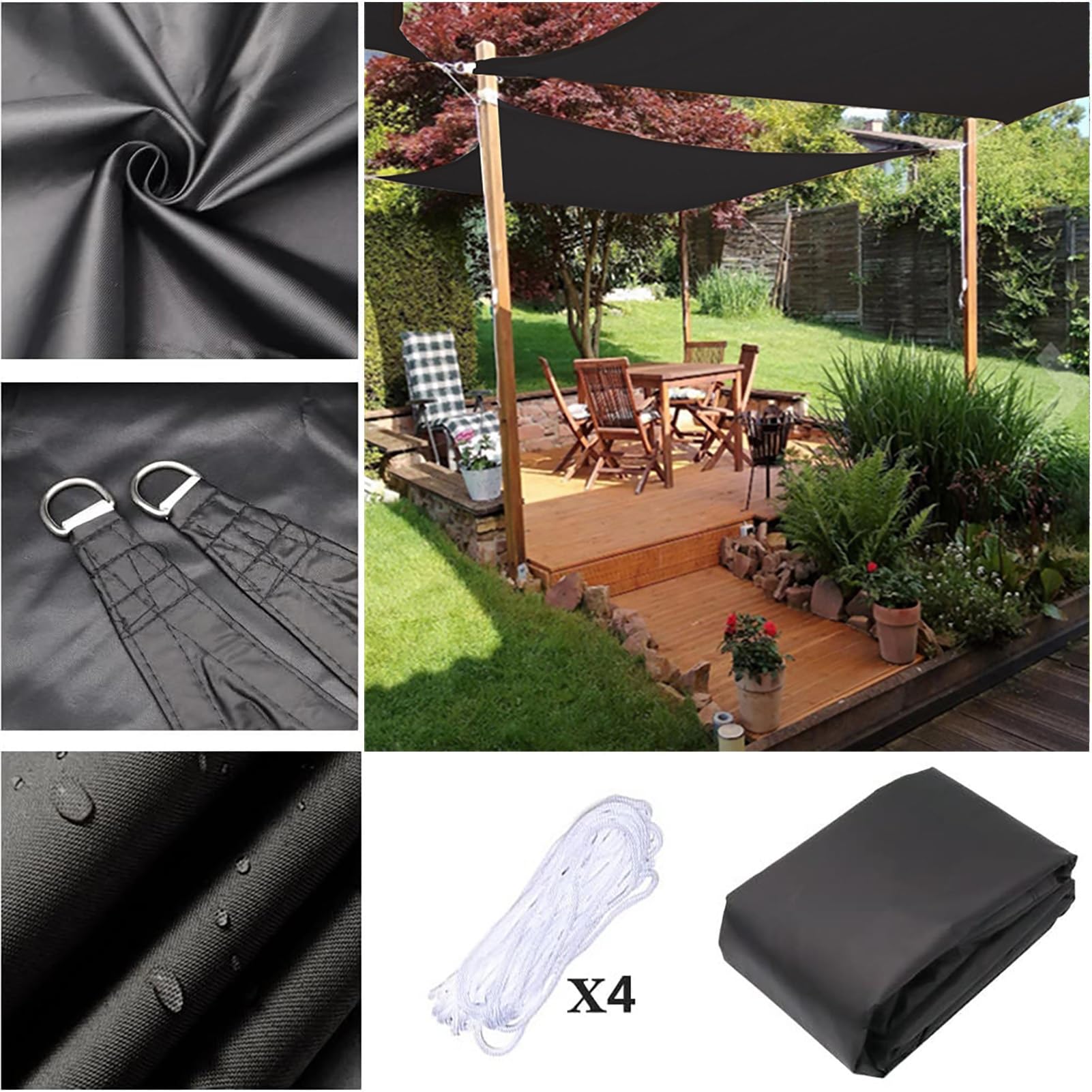 Sonnensegel, wasserdicht, rechteckig, UV-Schutz, für Garten, Balkon & Terrasse, inklusive Befestigungsseilen, Schwarz, 4 x 5 m