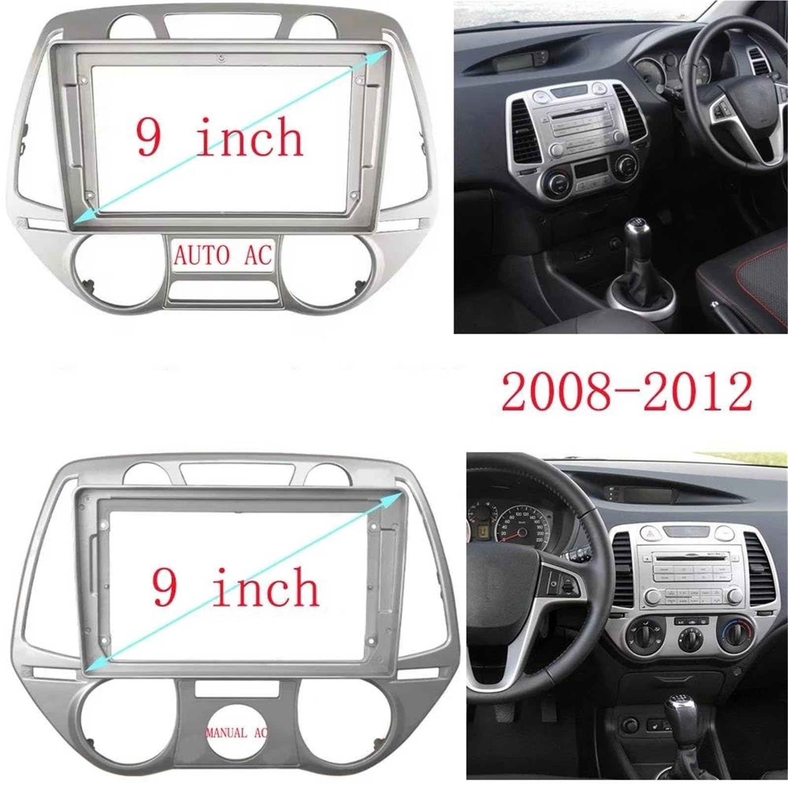 Cadre de façade d'autoradio Voiture 9 Pouces Radio Fascia Pour HYUNDAI Pour I20 2008-2012 Cadre Android 2Din MP5 Lecteur Panneau Stéréo Cadre Façade | MT Frame set