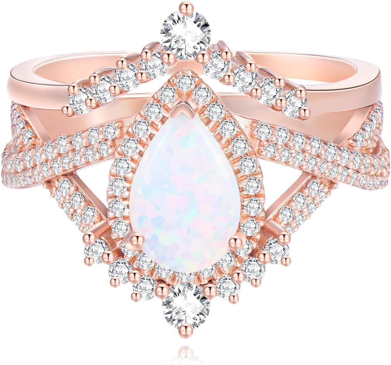Genuine Opal Engagement Rings for Women 1.5ct Pear Shaped Opal Ring Set 925 Sterling Silver Rose Gold Wedding Ring Set Vintage Halo Infinity 2pcs Anniversary Promise Ring For Her