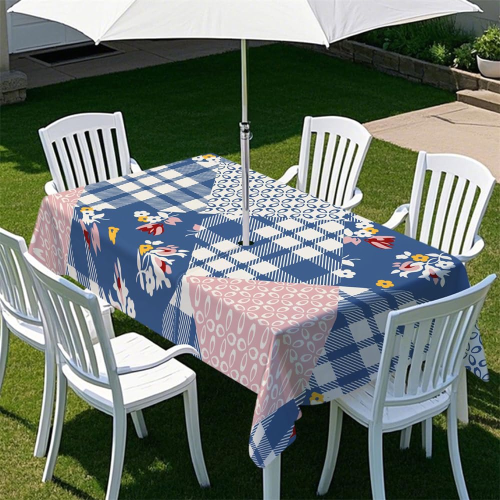Odot 3D Vertical Stripes Tablecloths Rectangular Waterproof with Umbrella Parasol Hole and Zipper, Table Cover Wipe Clean Garden Outdoor Table Cloth for Garden Party (Checkered Blue,305x152cm)