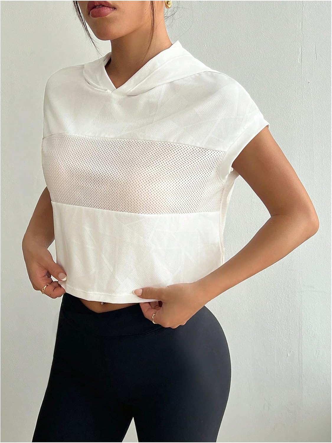 OYOANGLE Women's Short Sleeve Hooded Athletic Shirt Eyelet Sports Workout Crop Shirts - Image 2