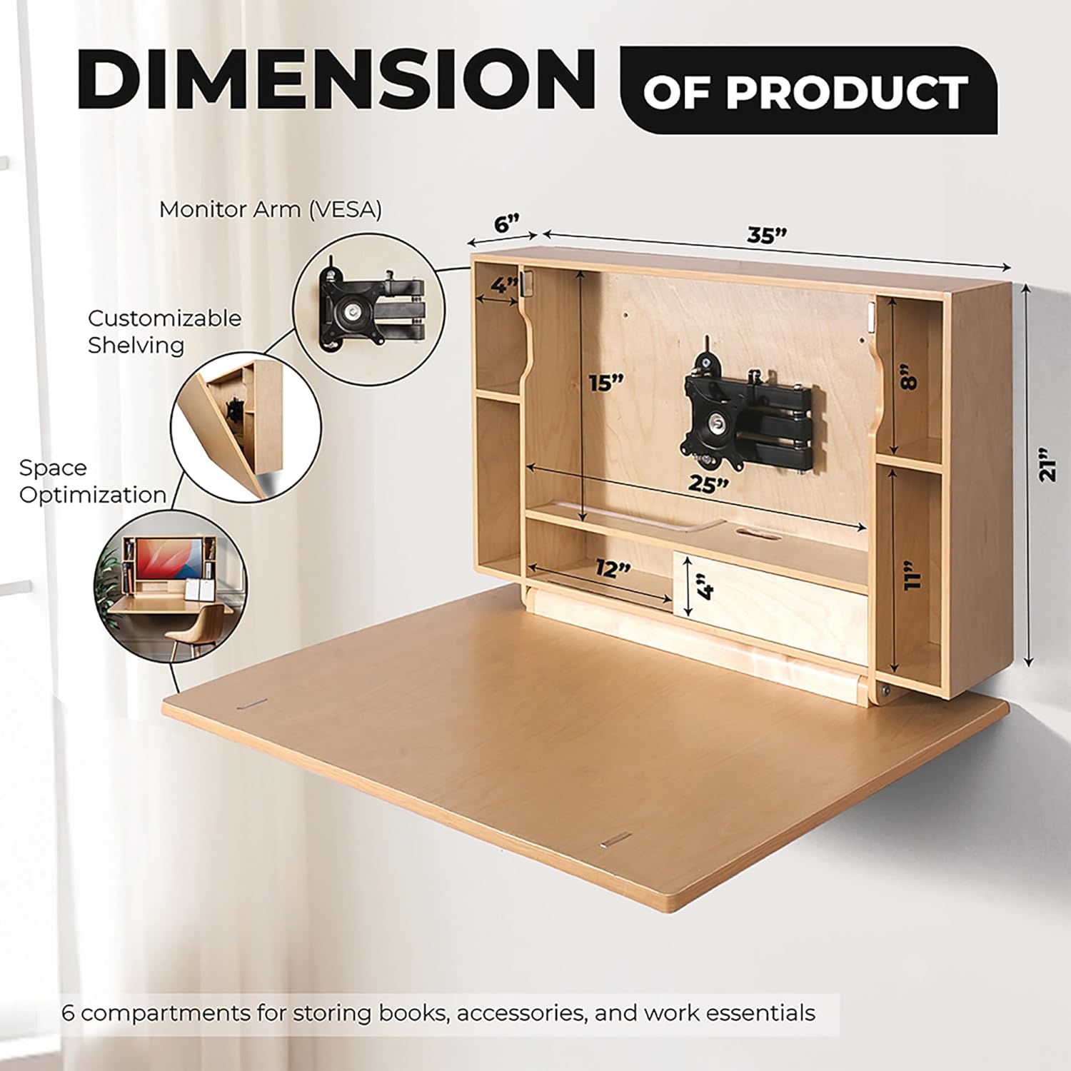 Wall Mounted Folding Desk 36 Inch for Small Spaces