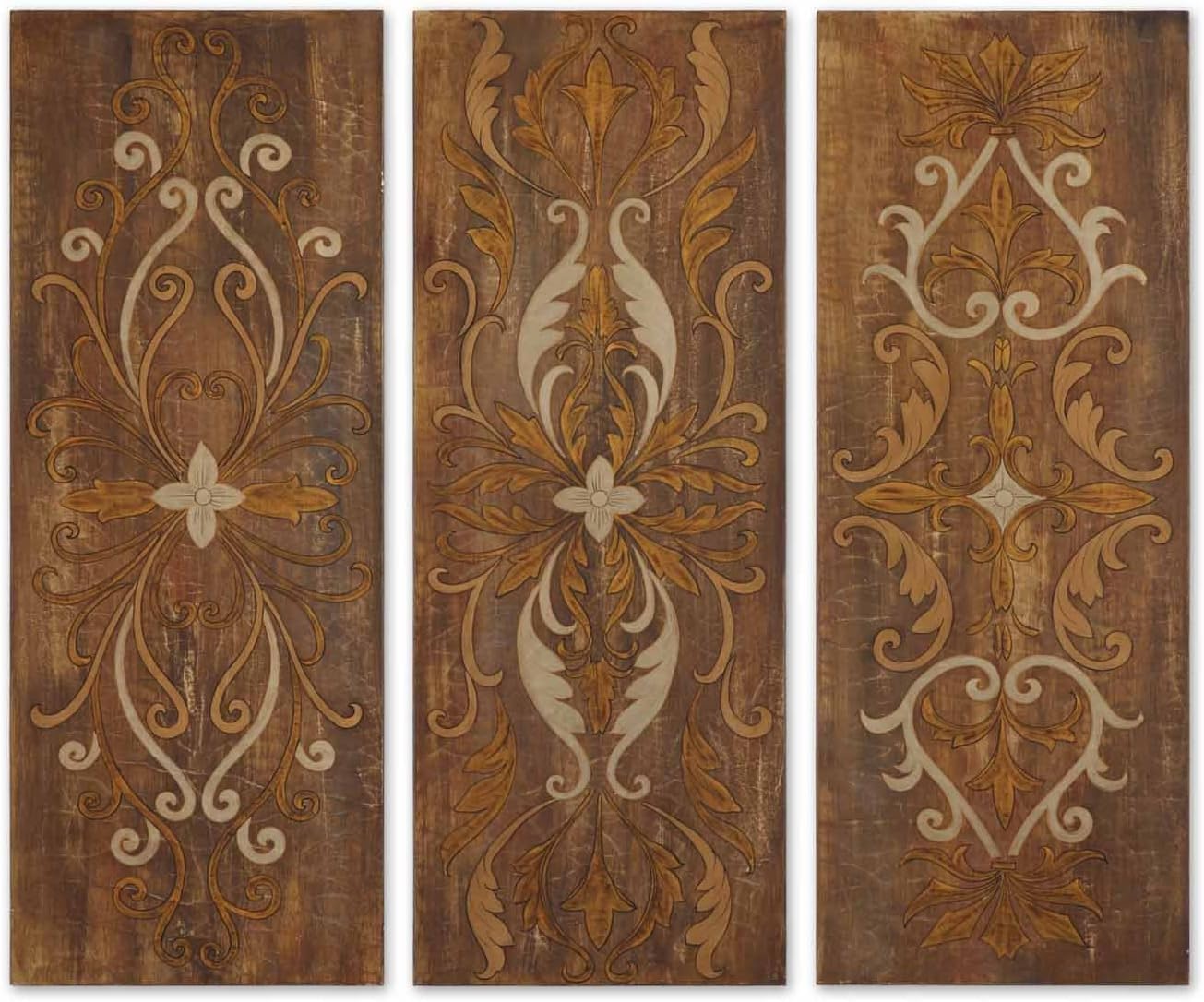 Uttermost Elegant Swirl Panels Set/3 with Crackled Canvas On Hardback Board-Antique Glaze