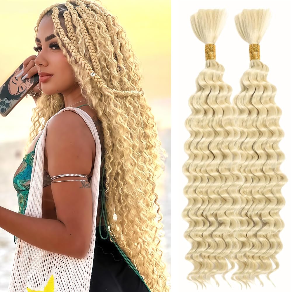 Blonde Human Braiding Hair for Boho Braids 613 Deep Wave Bulk Bohemian 2 Bundles/Pack 16 16 Inch 12A Wet and Wavy Curly Human Hair Extensions 613 Color
