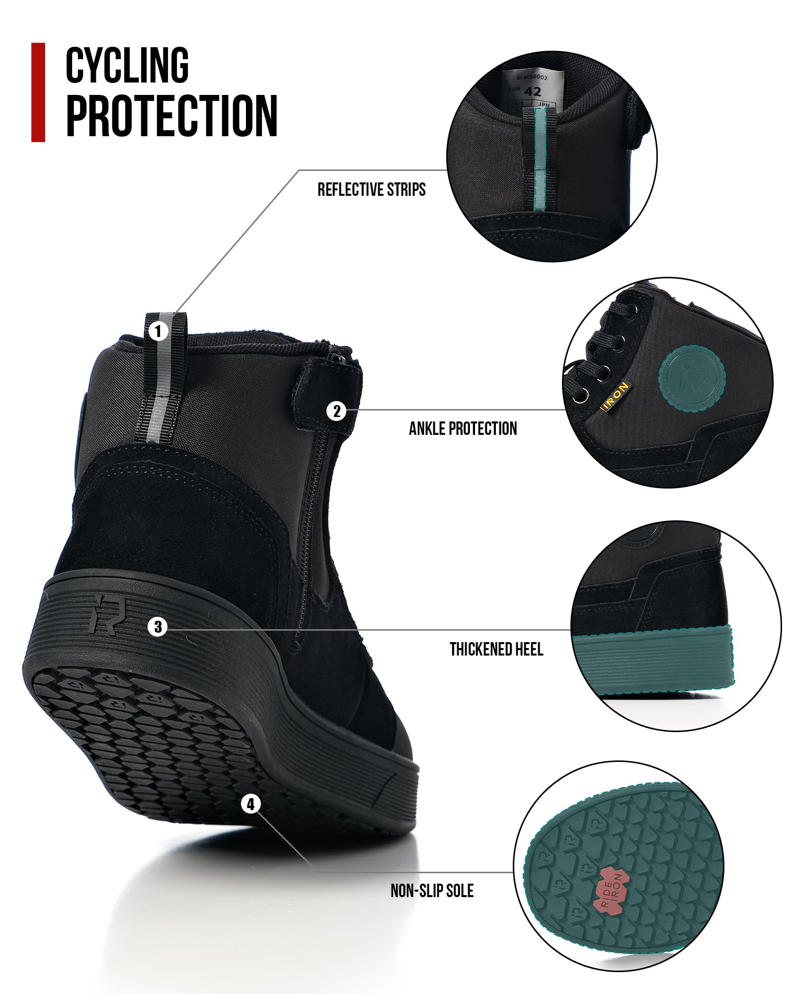 RIDEIRON Motorradschuhe Herren Damen Motorradstiefel CE-geprüft,rutschfeste,verstärkte verdickte Sohle, wasserdicht atmungsaktiv bequem mit seitlichen Reißverschlüssen und Knöchelstütze Schwarz 43