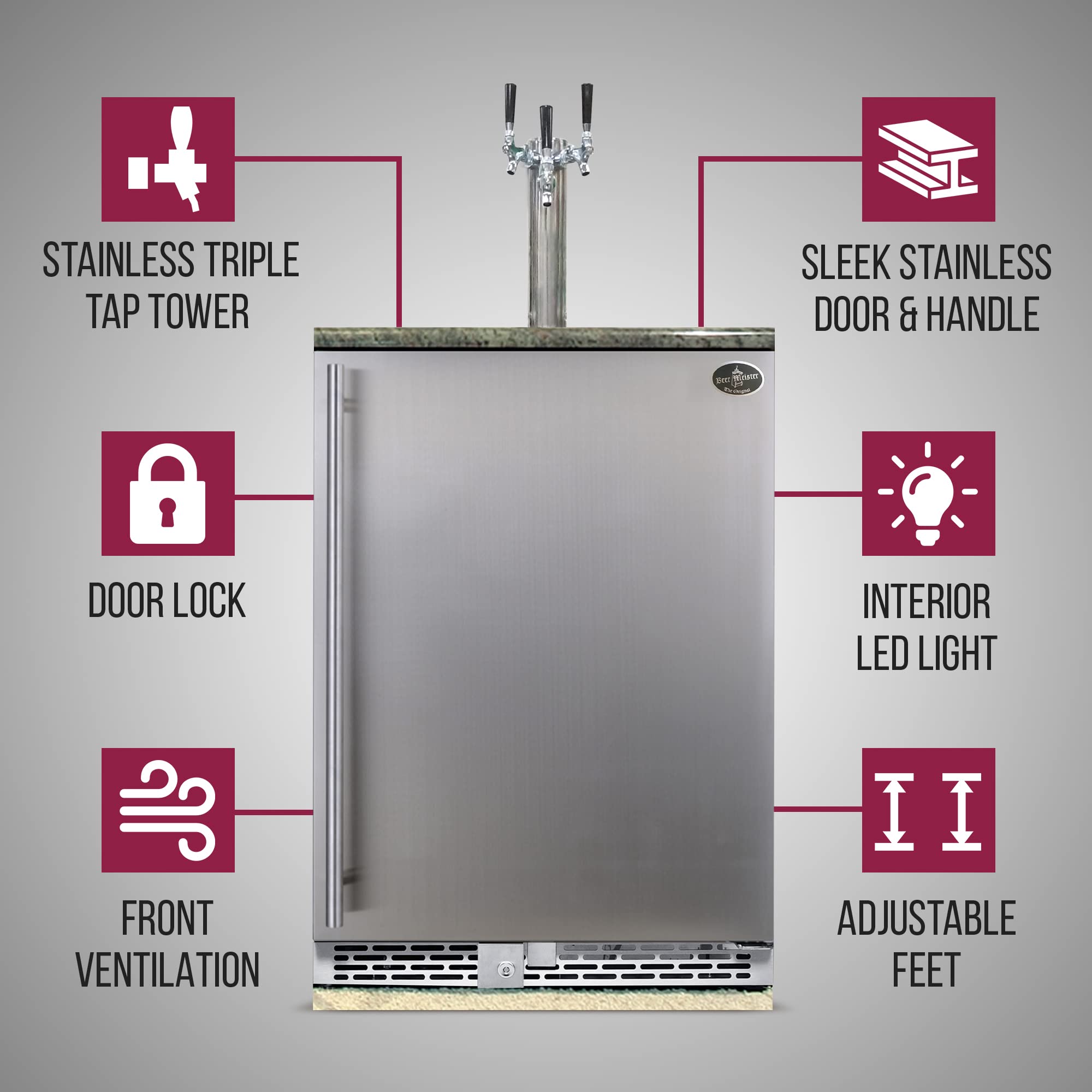 Beer Meister - Beer Kegerator, Draft Beer Dispenser For Home Bar, Beer, Wine, & Bar Soda Dispenser System, Triple Tower W/Stainless Door, Built-In Premium Series, 24.88 X 23.88 X 34.38 Inches on Fridge.com - View 5
