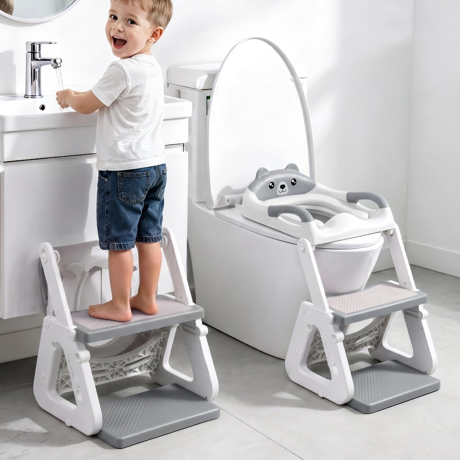Toilettensitz Kinder mit Treppe, 2 in 1 Stabil mit Dreiecksstruktur, Bär