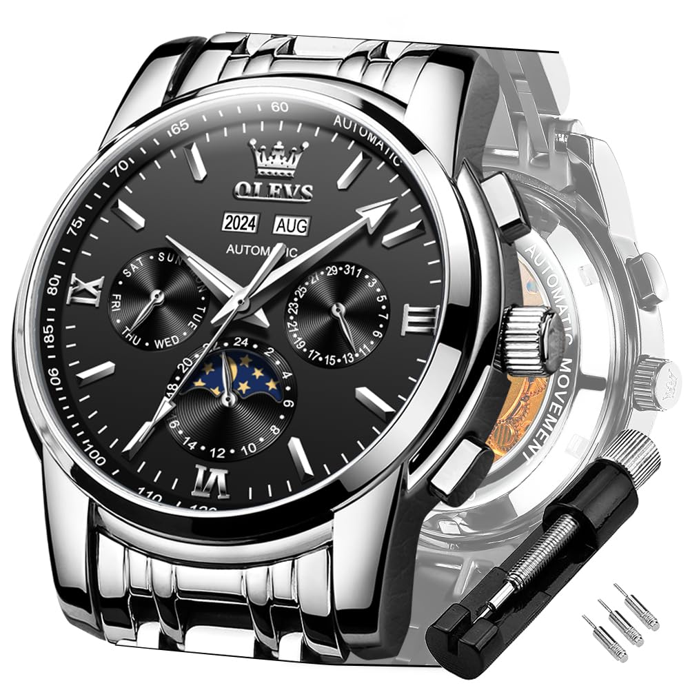 OLEVS Mens Watch Automatic Mechanical Tourbillon Self Winding Luxury Stainless Steel Waterproof Luminous Date Wrist Watch