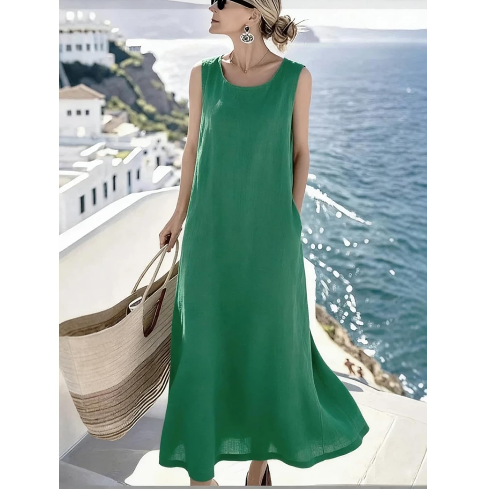 Vestido de Moda Suelto de Escote Redondo de Largo Medio cómodo para el día sin Mangas para el Verano