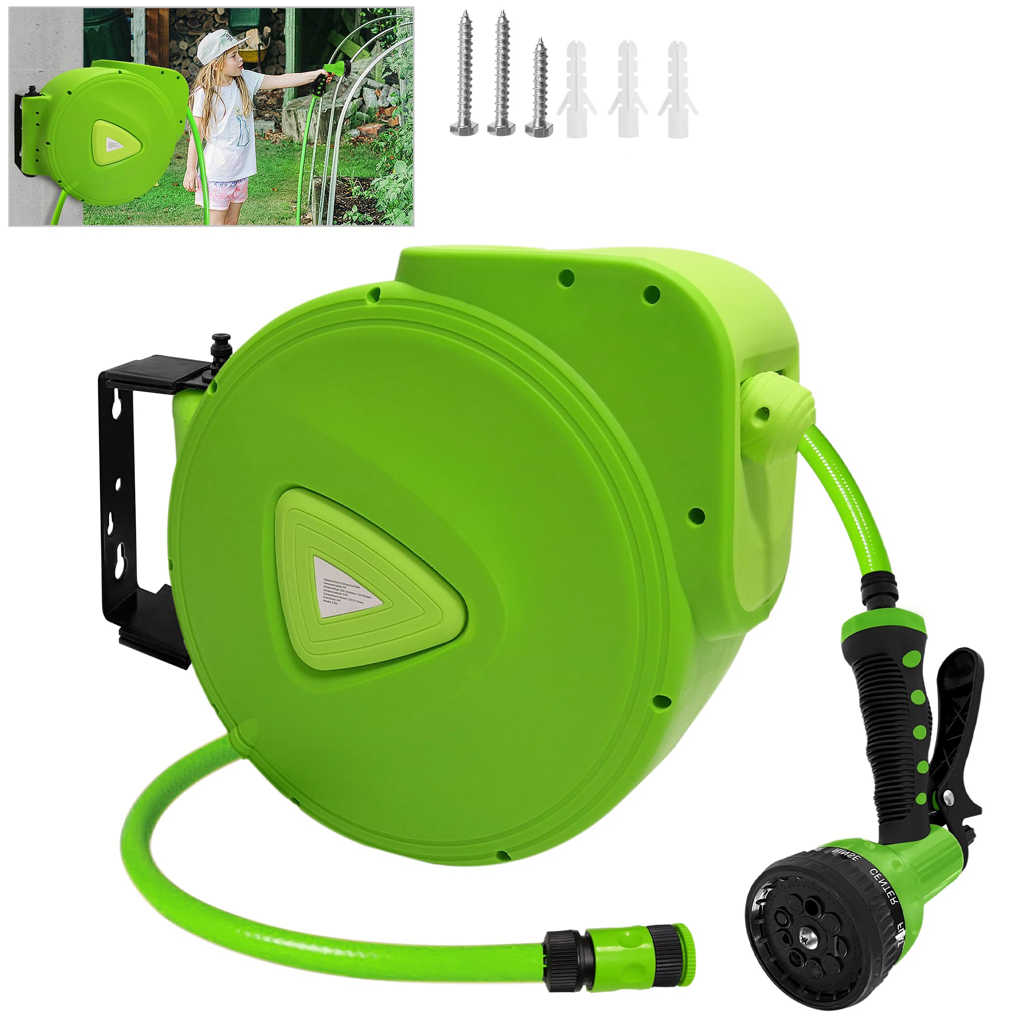 YRHome Bęben do węża ogrodowego, automatyczne zwijanie, 20 m, przyłącze 3/4", obracany o 180°, automatyczne zwijanie, do ogrodu, mycia samochodu, nawadniania na kemping, zielony
