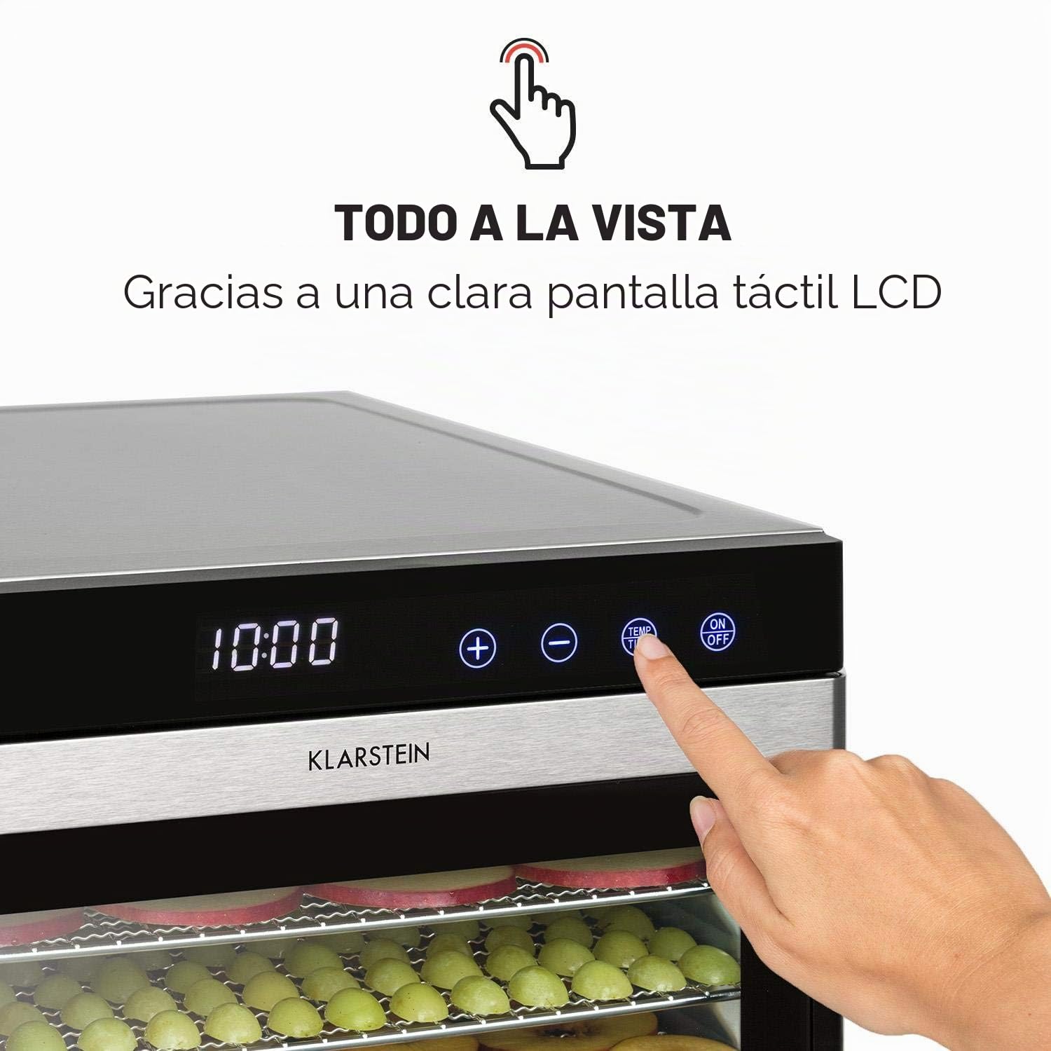 Klarstein Flavour Dry Deshidratadora de alimentos - Carcasa de acero inoxidable, 6 baldas, Temperatura 35-70 °C, Pantalla táctil LCD, 360° Airflow Circulation, Termostato digital, Frontal negro