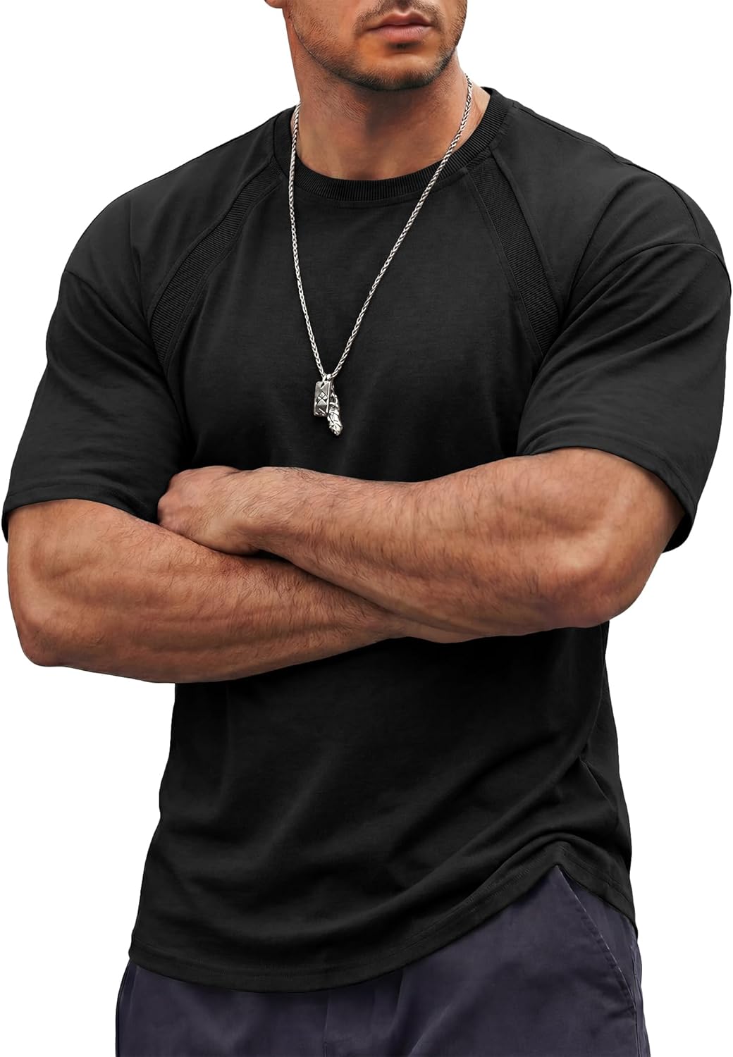 JMIERR Mens T-Shirt Casual Stretch Crewneck Short Sleeve Tees Gym Workout Ribbing Shirts