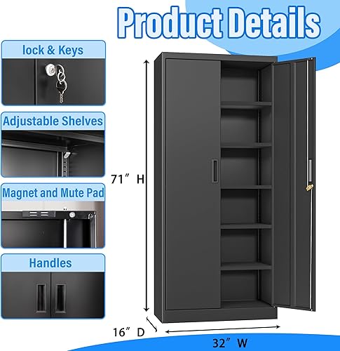 Miniatura 3 de BESFUR Gabinete de almacenamiento de metal, gabinete de almacenamiento de 71 pulgadas de alto con 5 estantes ajustables, gabinetes de metal