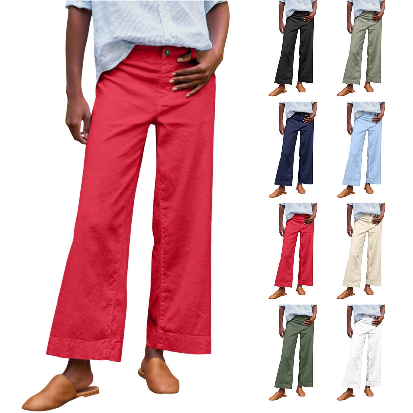 Women Linen Pants Straight Wide Leg Cropped Pant High Waisted Business Casual Work Pants with Zipper Placket