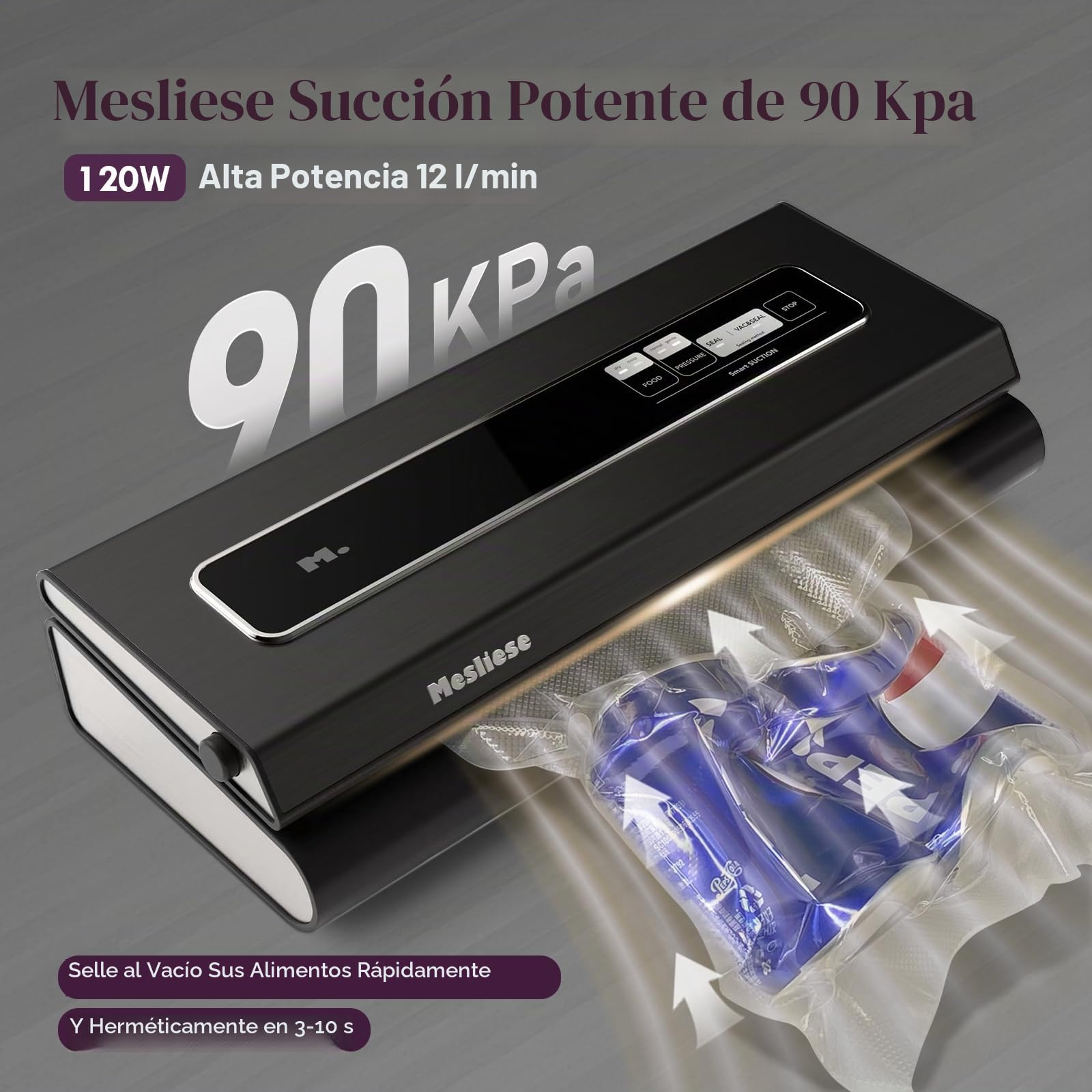 Mesliese - Máquina de envasado al vacío para alimentos, 90 kpa, potente máquina de envasado al vacío, 6 en 1 compacta de alimentos, 2 rollos de bolsa y 5 bolsas precortadas (gris)