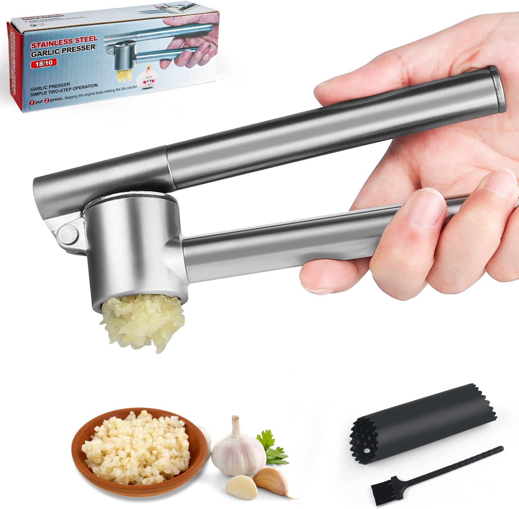 XiangGuanQianYing Garlic Press Crusher and Mincer , 304 Stainless Steel Garlic Squeezer&Peeler Set , Easy to Clean Heavy Duty Rust Proof Garlic Mincer Detachable , Ginger Garlic Crusher and Masher