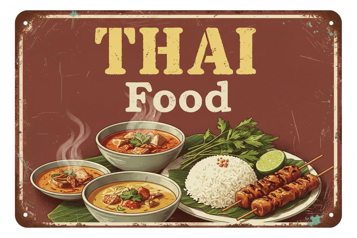 Wall Decor Thai Food | Full Color Sidewalk Display Sign Board With Metal Ground Stakes | 8x12Inch Vintage Signs Aluminum Plates Printed