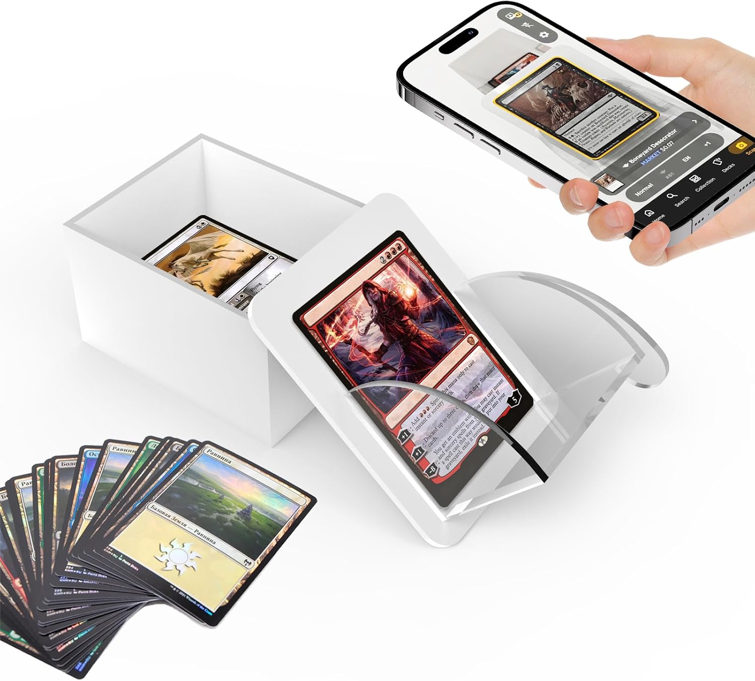 TCG Card Scanner Stand - Free-Angle MTG Card Scanning Holder with Storage Box, One-Hand Operation Accessory for ManaBox & TCGplayer, Compatible with Sleeved & Unsleeved Trading Cards
