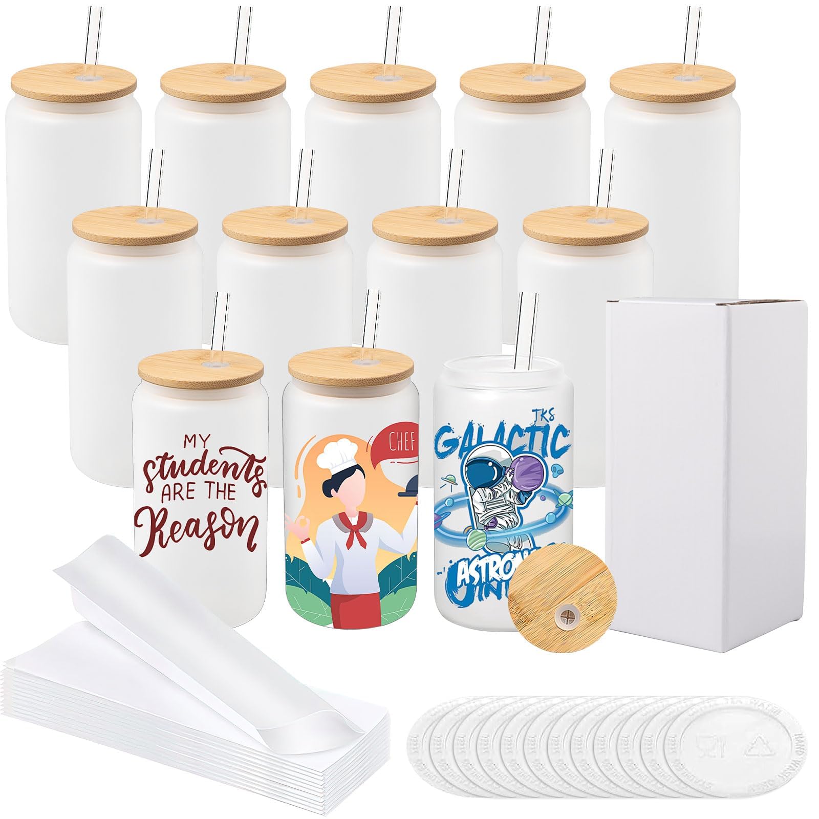 12 Sublimation Rohlinge 500 ml, Glas mit Deckel und Strohhalm | Mattierte Sublimation Gläser mit Bambusdeckel, Strohhalm, Schrumpffolie, Silikonboden und Geschenkbox