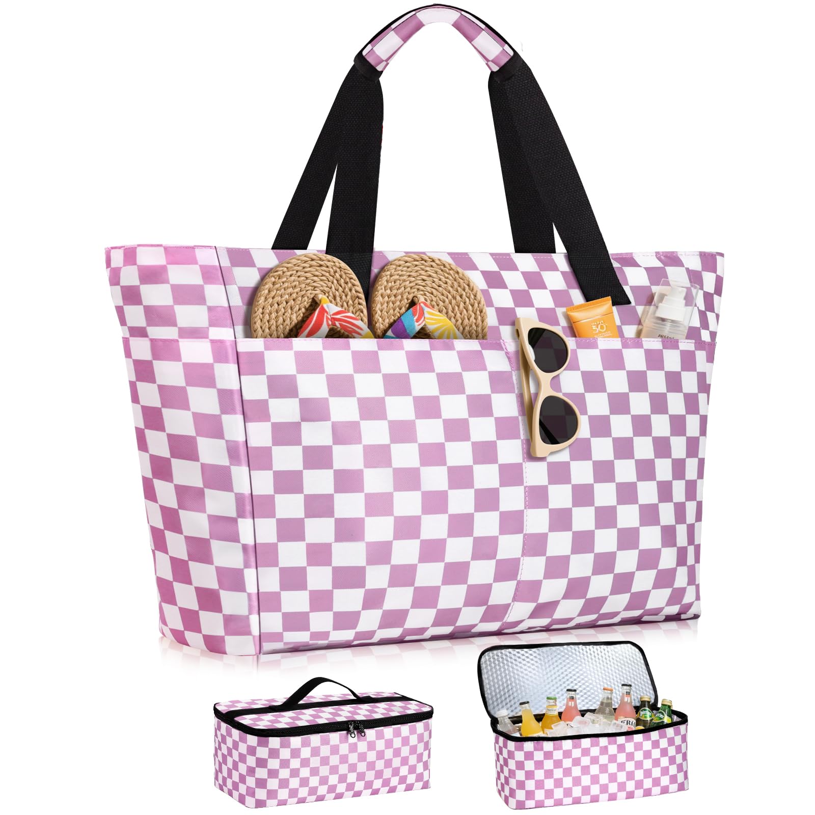 ISEYOU Grand Sac de Plage et Sac Isotherme, 45L Sacs Cabas Femme Imperméables avec Fermeture Éclair, Compartiment Sec-Humide, XXL Sacs Piscine Famille pour Voyage, Vacances, Pique-Nique, Gym