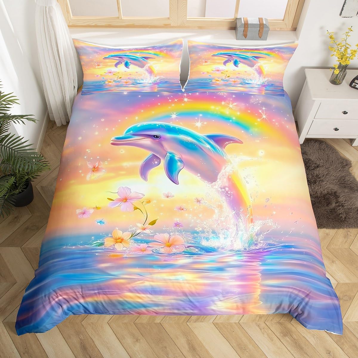 Erosebridal Cute Dolphin Girls Toddler Bedding Set Cartoon Animal Kids Duvet Cover Lovely Kawaii Blue Sealife Comforter Cover Dreamy Aesthetic Rainbow Floral Bed Set 1 Pillow Case