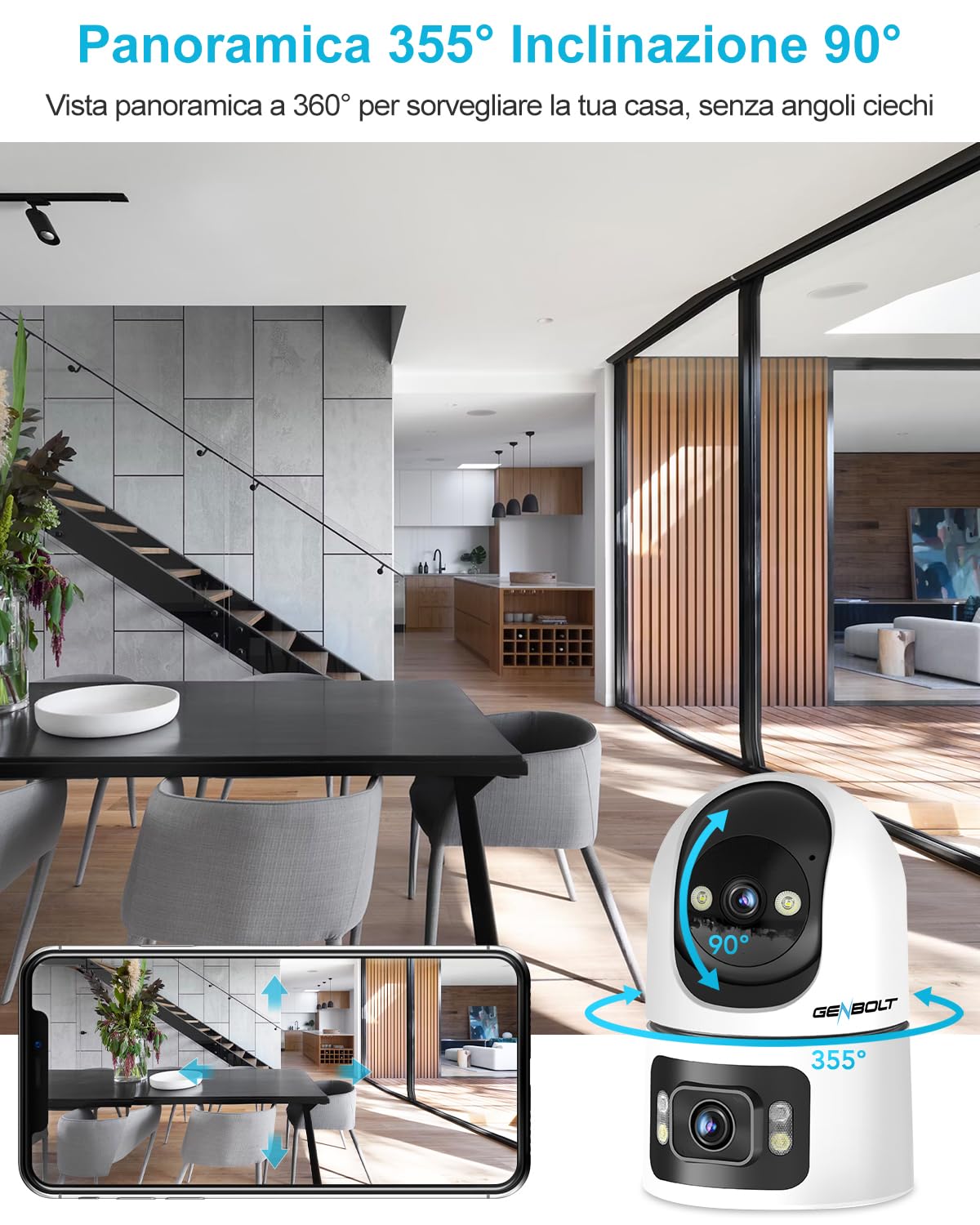 GENBOLT Telecamera di Sicurezza Wi-Fi Per Interni, Videocamera per neonati | 2MP+2MP, Vista a 360°, Rilevamento tramite IA, Baby Monitor, Audio bidirezionale, Tracciamento automatico, 2.4&5GHz