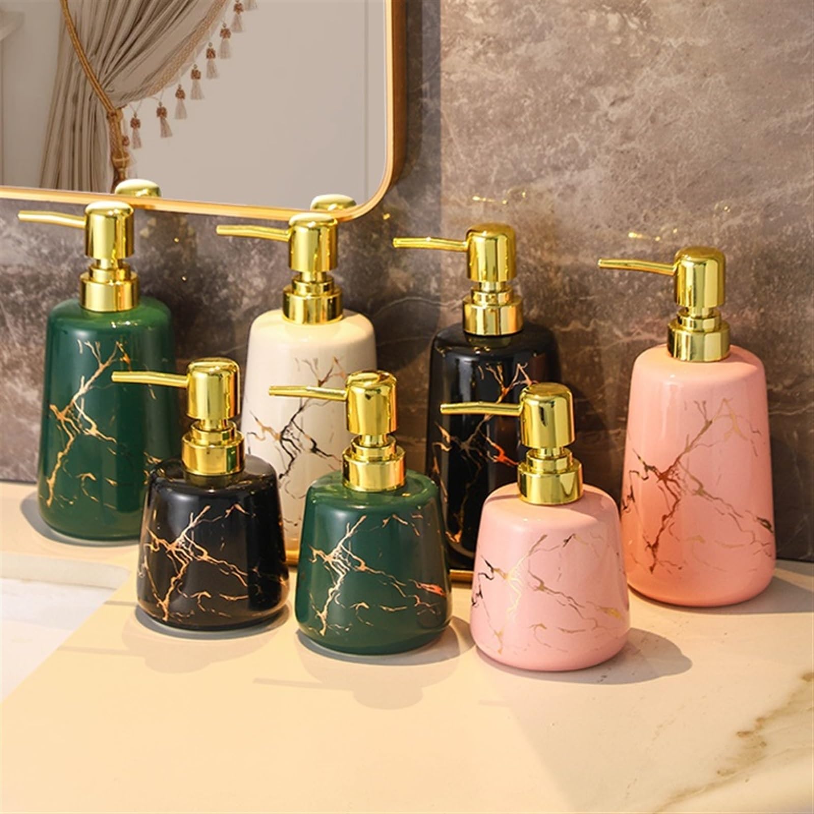 Dispensador de jabón cerámico con Textura de mármol y Bomba Dorada, dispensador de líquido Recargable para Cocina y baño (Verde L)