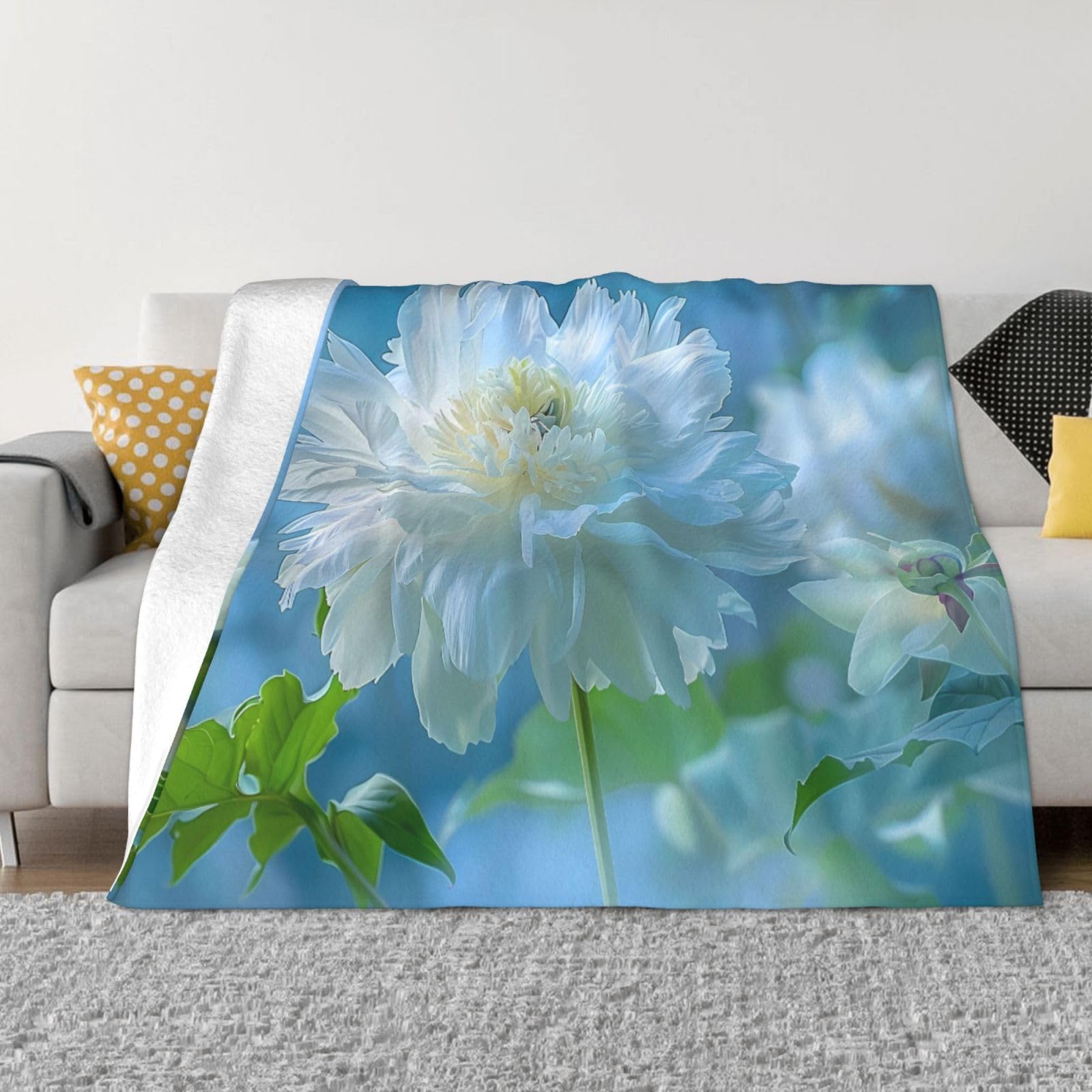 Couverture polaire douce toutes saisons plaid lit pivoines 203x152cm