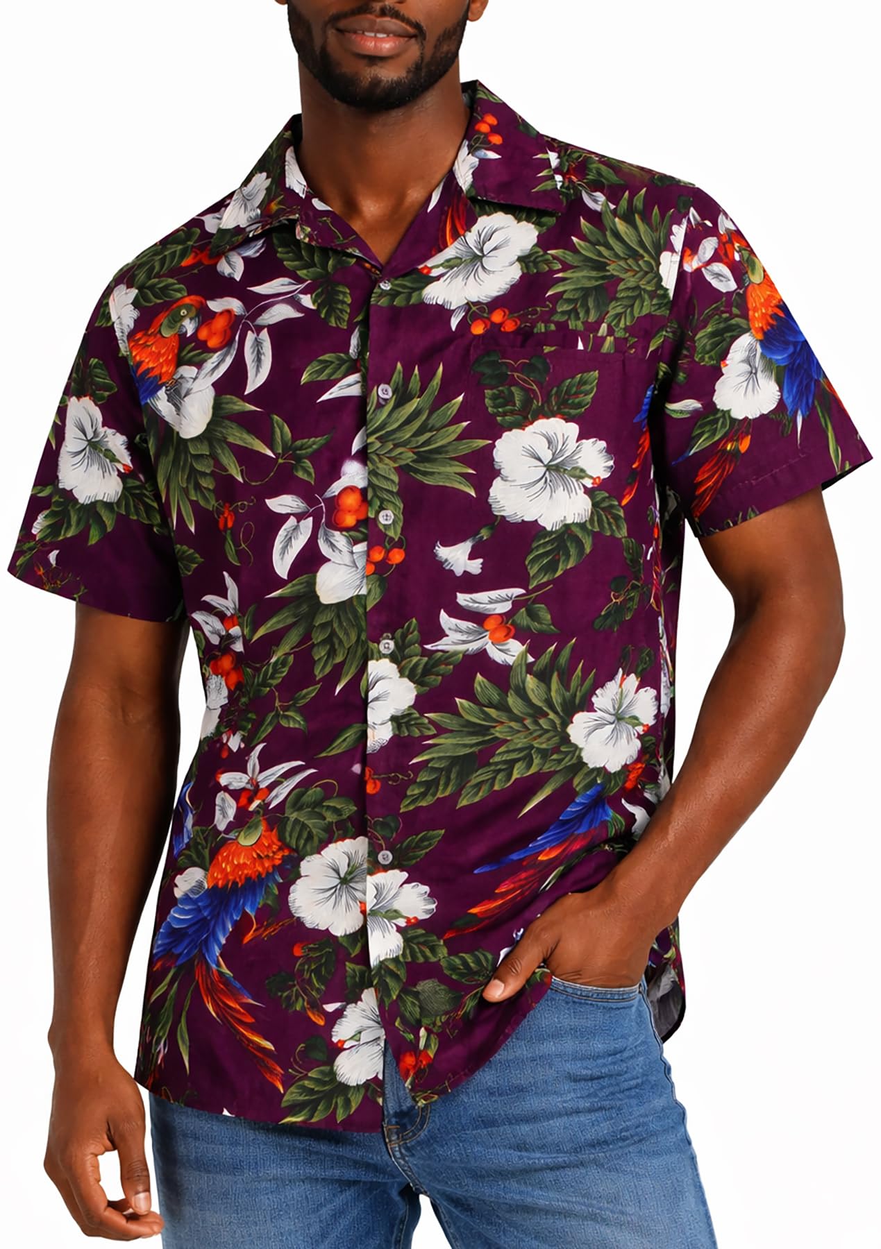 King Kameha Mens Hawaiian Shirt Short Sleeve, Cherryparrot, Maroon Red, XS