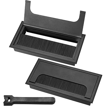 2 x Cable Grommets Cable Duct Desk with Brush Seal Aluminium with 10 Cable Ties Black 160 x 80 mm