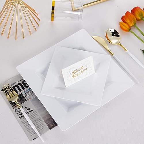 Miniatura 5 de 100 platos llanos de plástico blanco, platos desechables cuadrados de 9.5 pulgadas, platos de postre para bodas, fiestas, Pascua, Navidad
