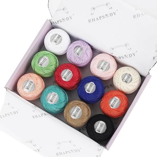 Rhapsody Hilo de algodón perla tamaño 8 hilo de ganchillo Perle 12 bolas Set tejido a mano, bordado, sashiko, punto de cruz, costura, punto de