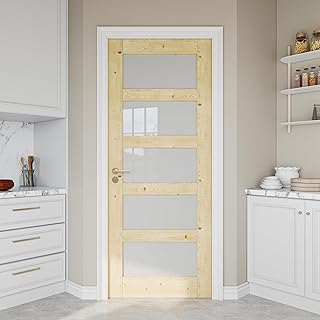 32" x 80" Pine Wood Slab Door, 5-Panel Frosted Glass Interior Doors, Single Room Door for Closet & Bedroom, Farmhouse Style as Prehung, Pocket, Bifold, Barn Doors, Easy DIY Stain, Shaker w/o Hardware