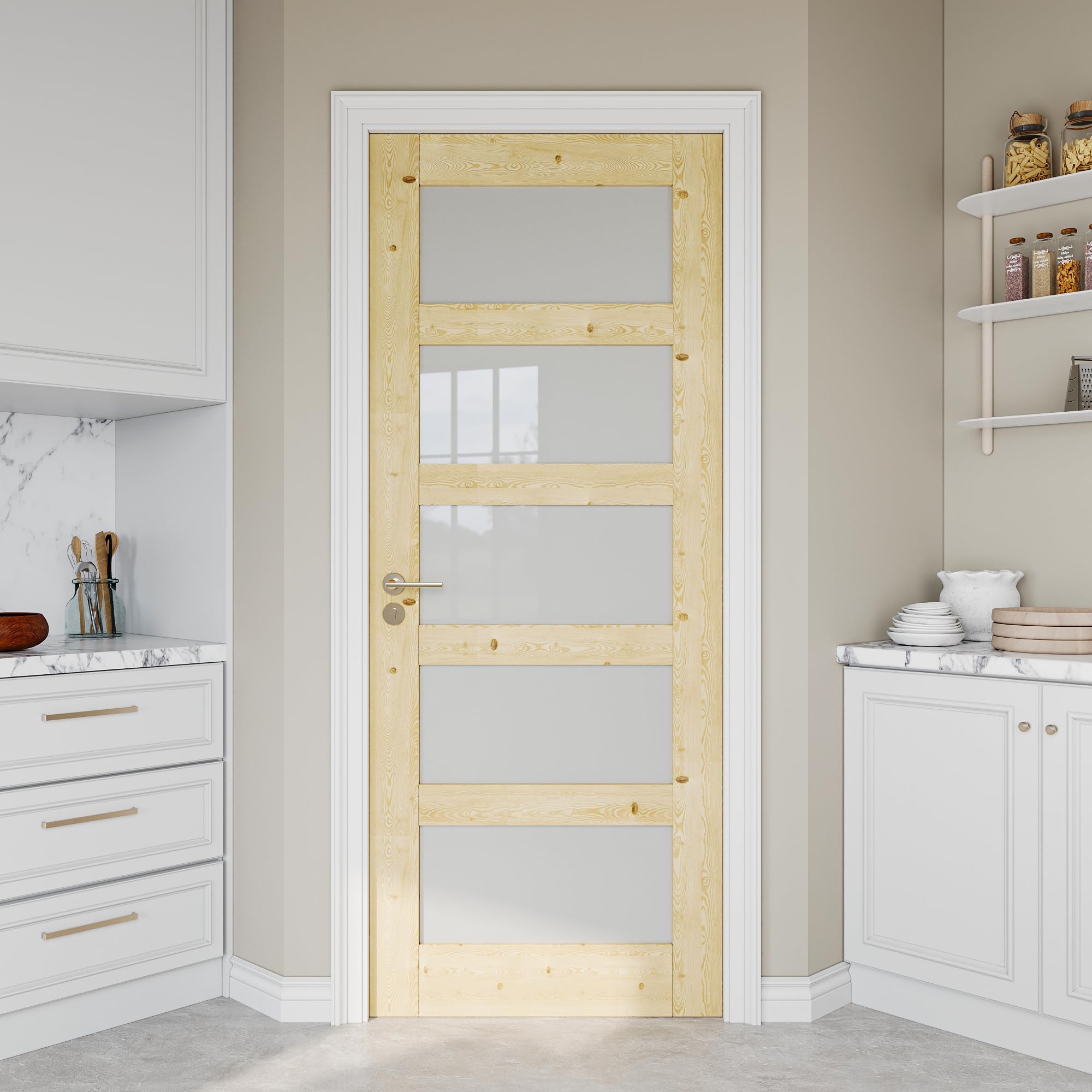 32" x 80" Pine Wood Slab Door, 5-Panel Frosted Glass Interior Doors, Single Room Door for Closet & Bedroom, Farmhouse Style as Prehung, Pocket, Bifold