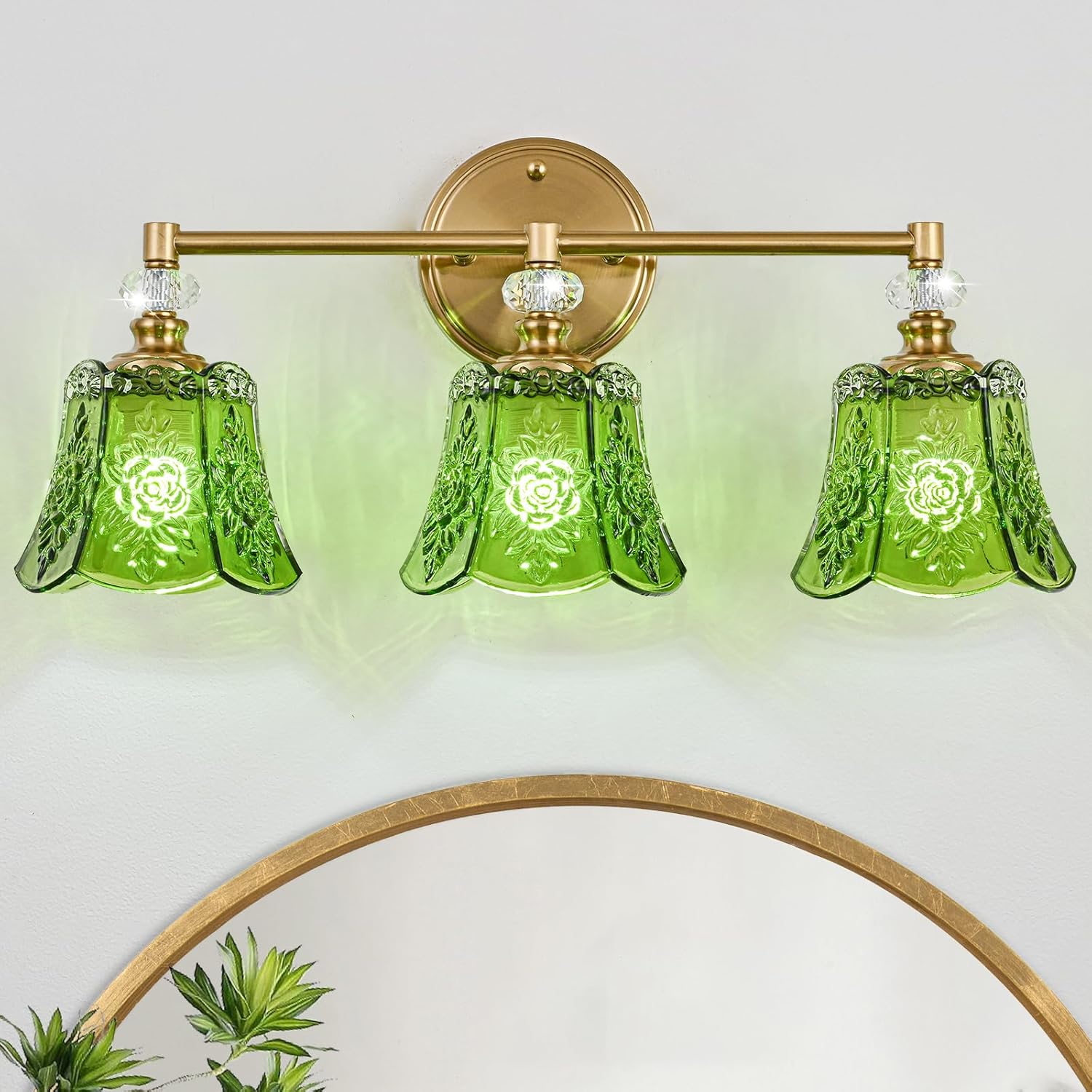 Vintage Gold Bathroom Vanity Light Fixture, 3-Light with Rose Pattern Green Glass Shade, Retro Brushed Gold Finish