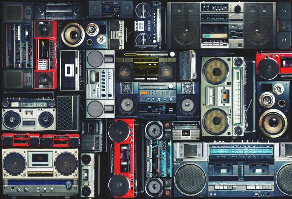 AOFOTO 12x10ft Vintage Wall of Radio Boombox Backdrop Retro 80s Style Photography Background Nostalgic Old-Fashioned Amplifier Music Antique Audio