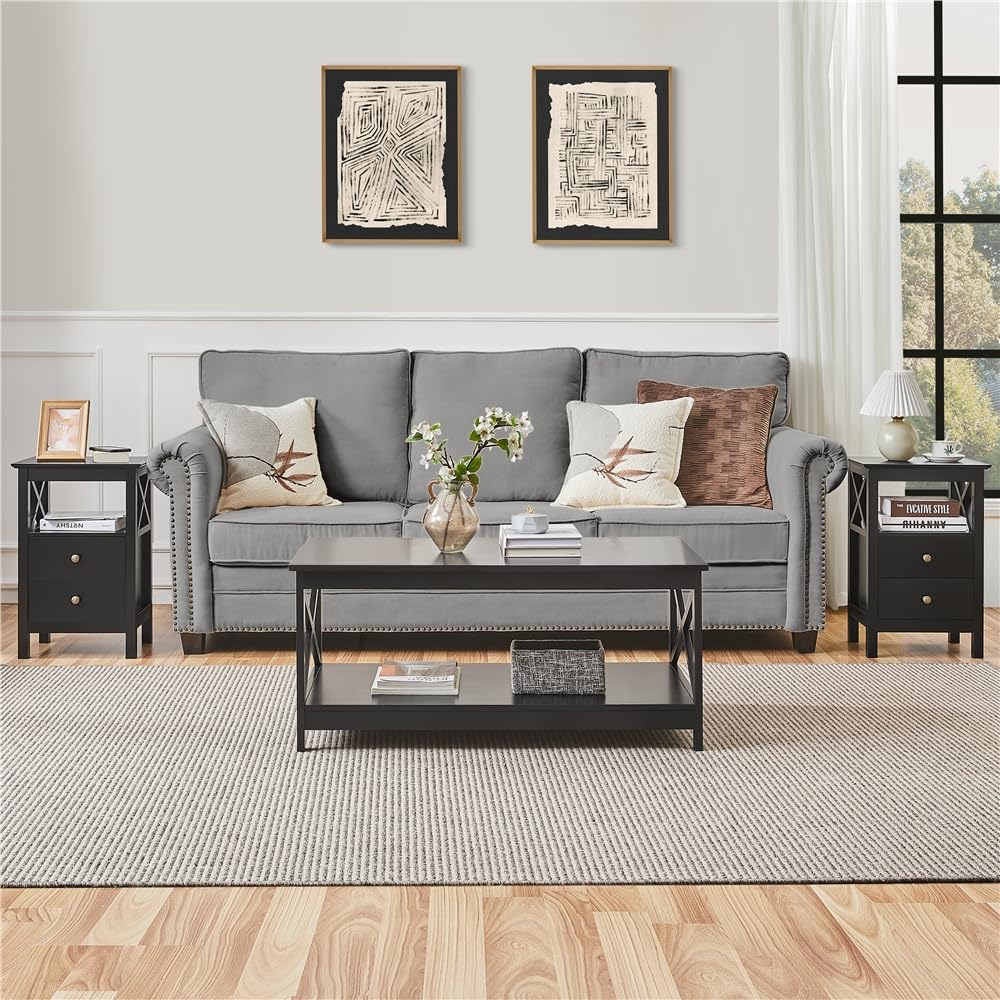 Yaheetech Set 2 Comodini da Camera da Letto Comodino Moderno con 2 Cassetti e Ripiano Tavolino Lato da Divano in Legno Mobiletto da Notte Portaoggetti Stile Shabby Chic 40 x 30 x 60 cm Nero