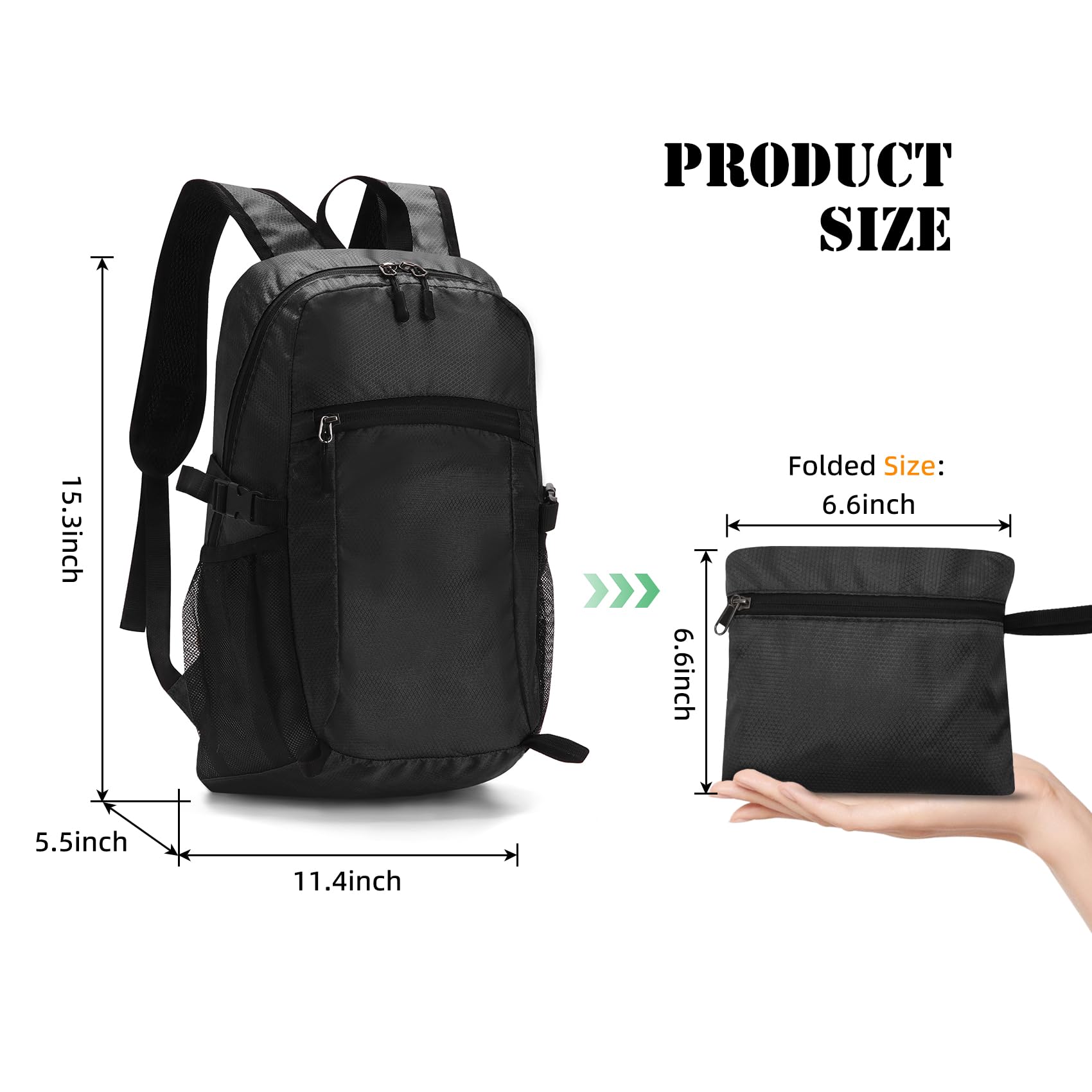 ALUSBELL Lightweight Hiking Backpack,Waterproof Small Hiking Daypack,Foldable Backpack for Travel,Ultralight Camping Black