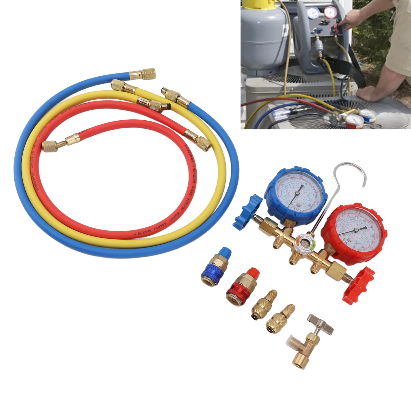 Juego de manómetros para aire acondicionado - R410A 22 134A, manómetro de diagnóstico de 3 vías con manguera para recarga de freón.