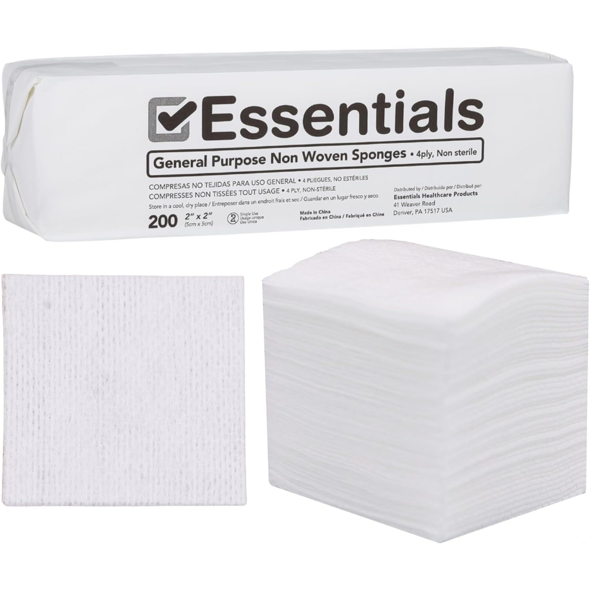 Essentials 2" x 2" Non-Woven Sponges, 4-Ply, Non-Sterile, Low-Lint, 200 Ct