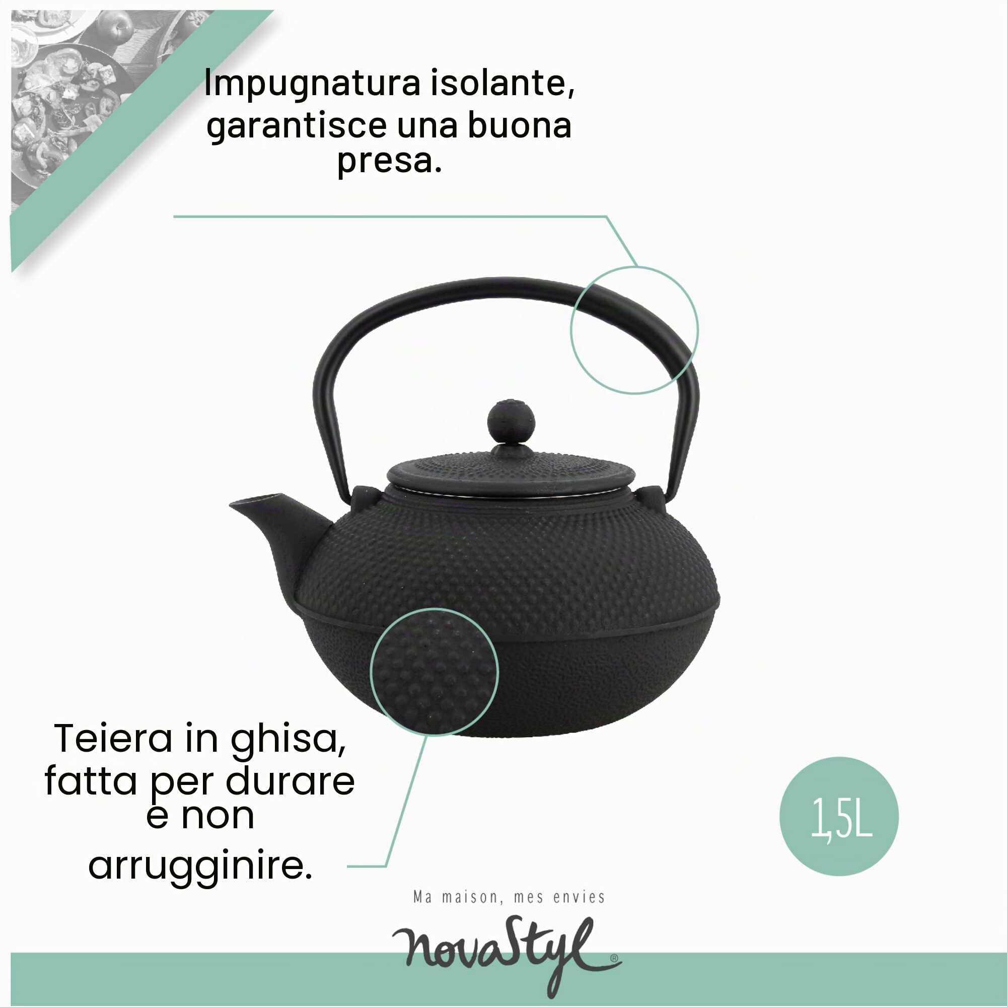 MENASTYL 7321422 TheKitchenette-Teiera in ghisa Nera, 1,5 l, Ø 18 x 17 x 11 cm, Nero